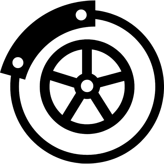 A black and white illustration of a mechanical gear and wheel system.