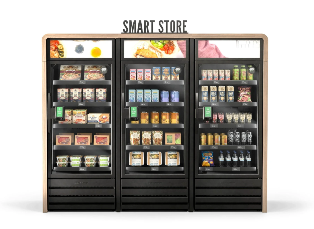 A three unit GrabNGo glass-front smart market set