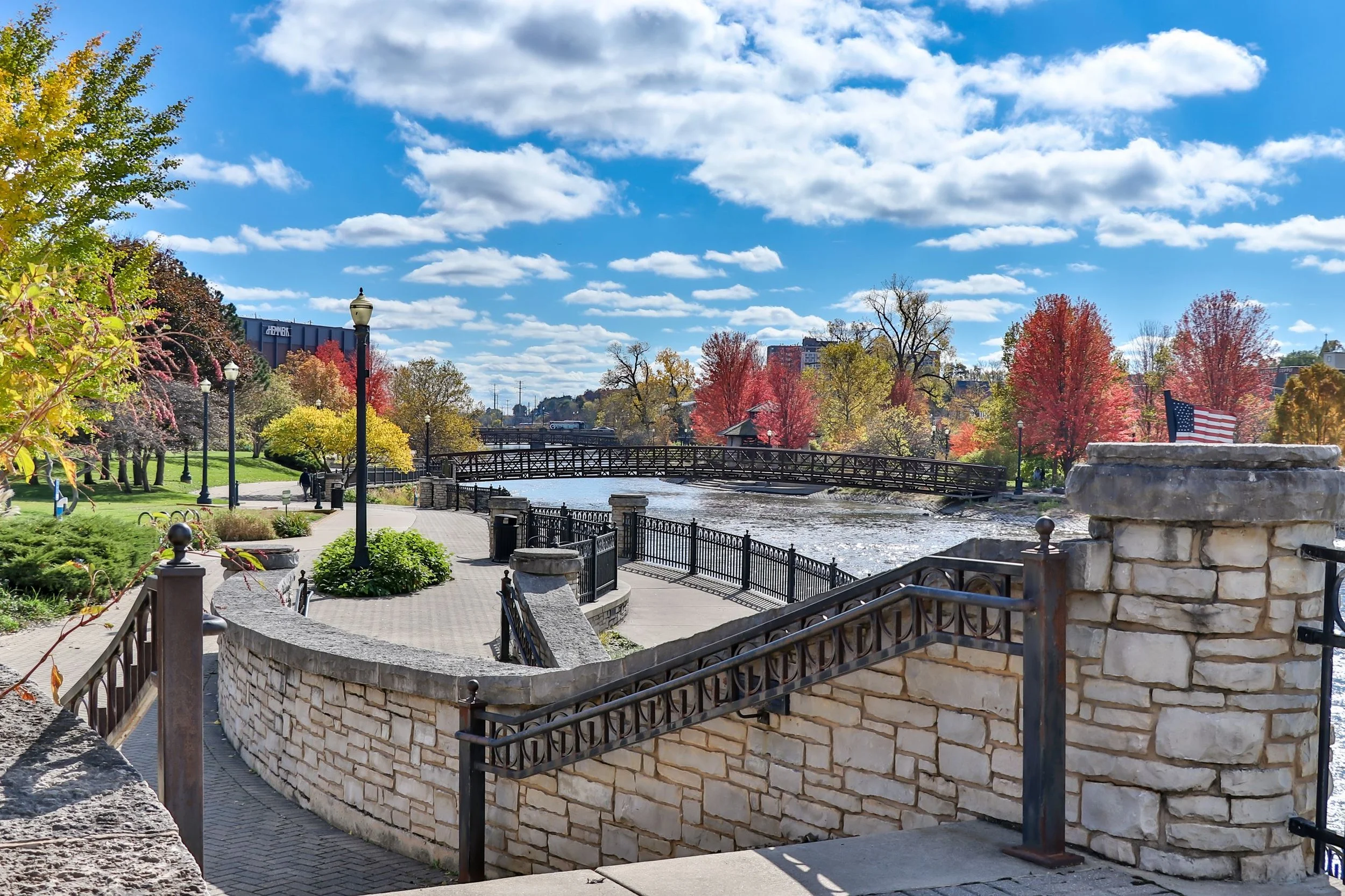 The Elgin Riverwalk along the Fox River in downtown Elgin, Illinois