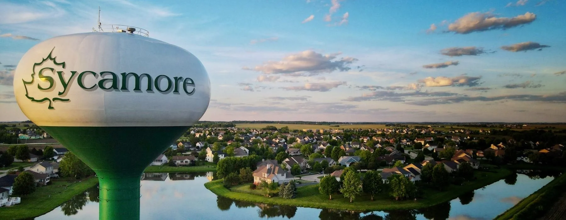 Aerial view of Sycamore, Illinois and its water tower