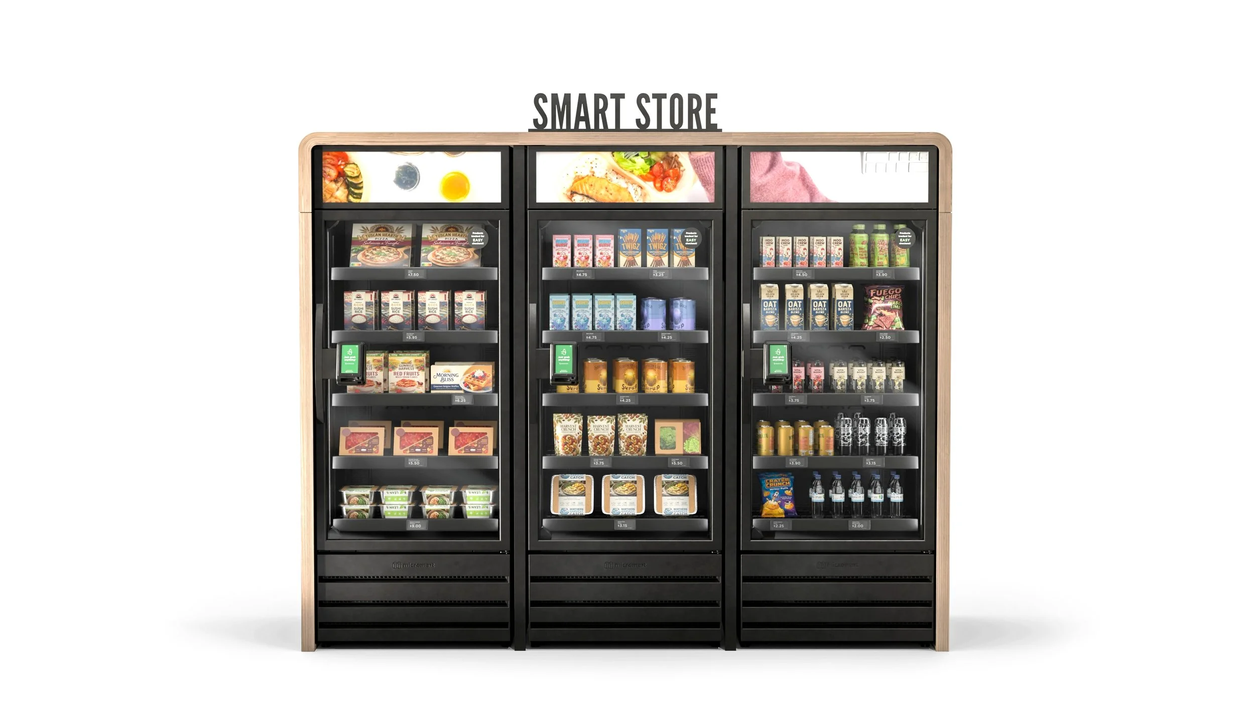 A modern GrabNGo glass-front smart market with a wood enclosure installed in a building