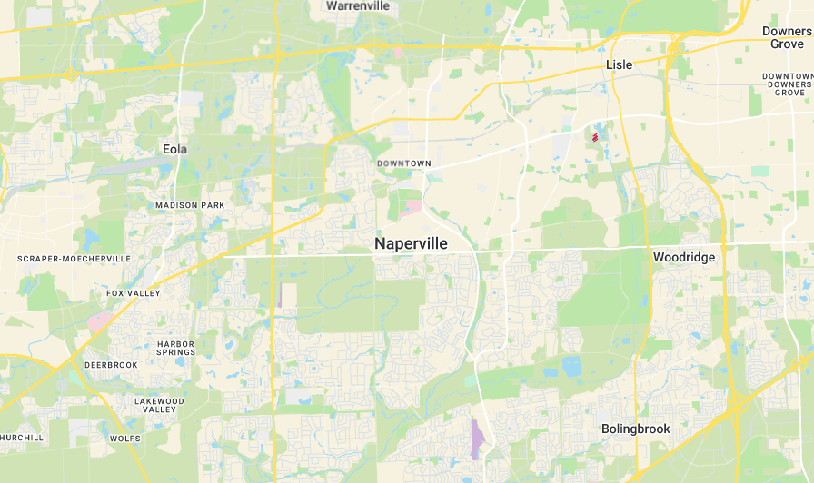 Map showing Naperville, Illinois within GrabNGo's DuPage, Will and Kane County service area