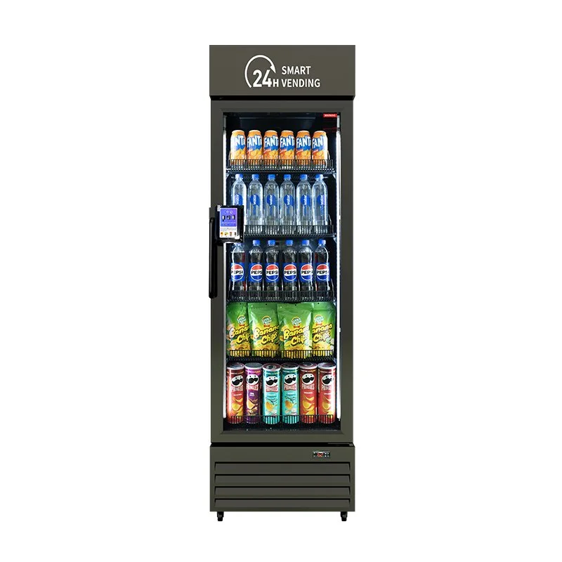 A vending machine with snacks and beverages, including Fanta soda cans, plastic water bottles, Pepsi bottles, and bags of Banana Chips, with a digital payment terminal on the left side.