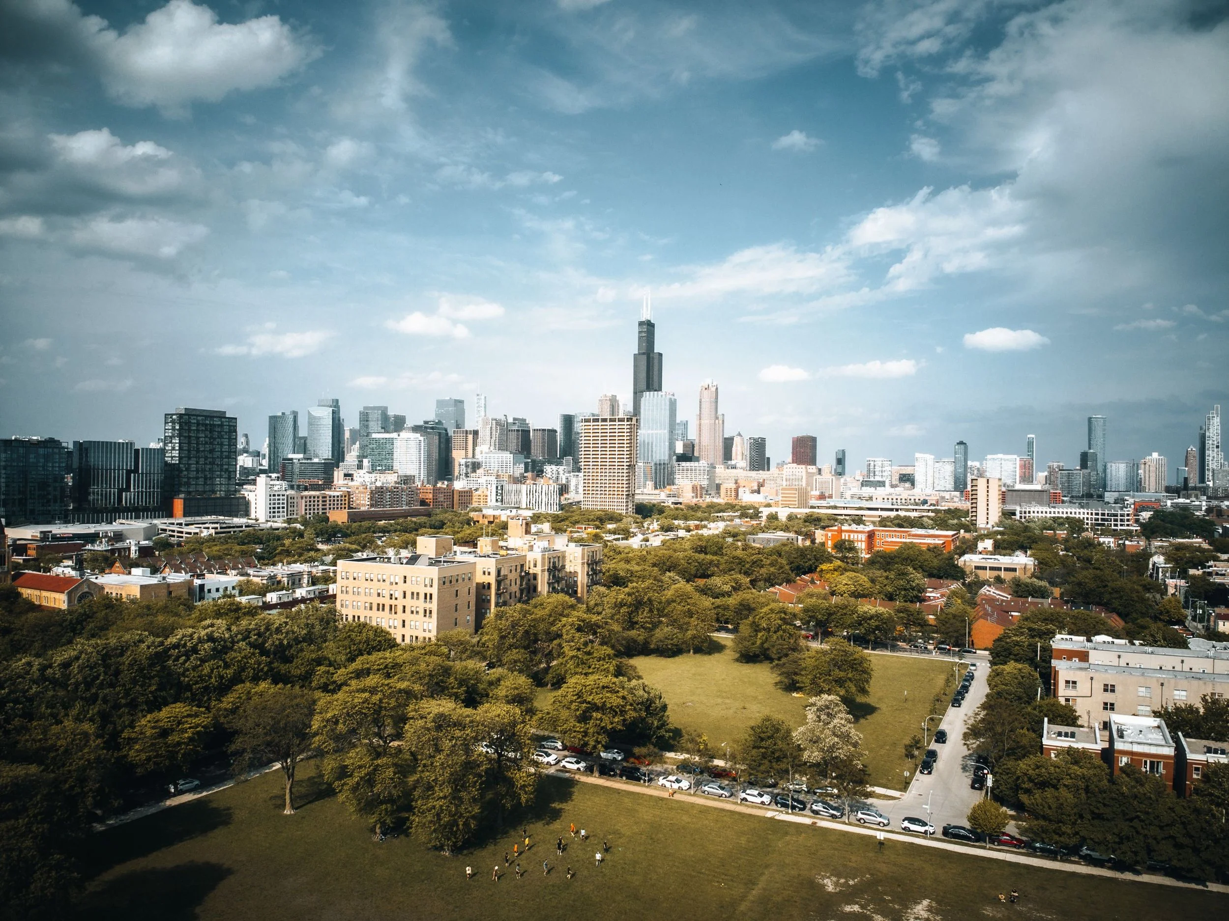 Aerial view of the greater Chicago area and its western suburban corridor