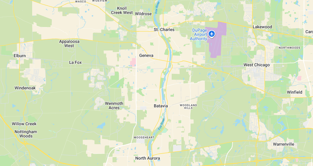 Map of GrabNGo's Tri-Cities service area covering St. Charles, Geneva, Batavia and surrounding Kane County towns