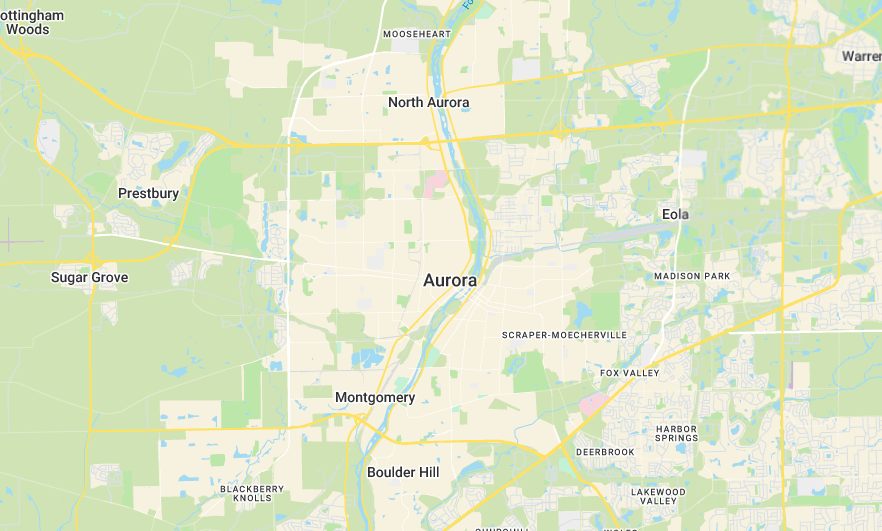 Map showing Aurora, Illinois at the center of GrabNGo's Kane, DuPage, Kendall and Will County service area