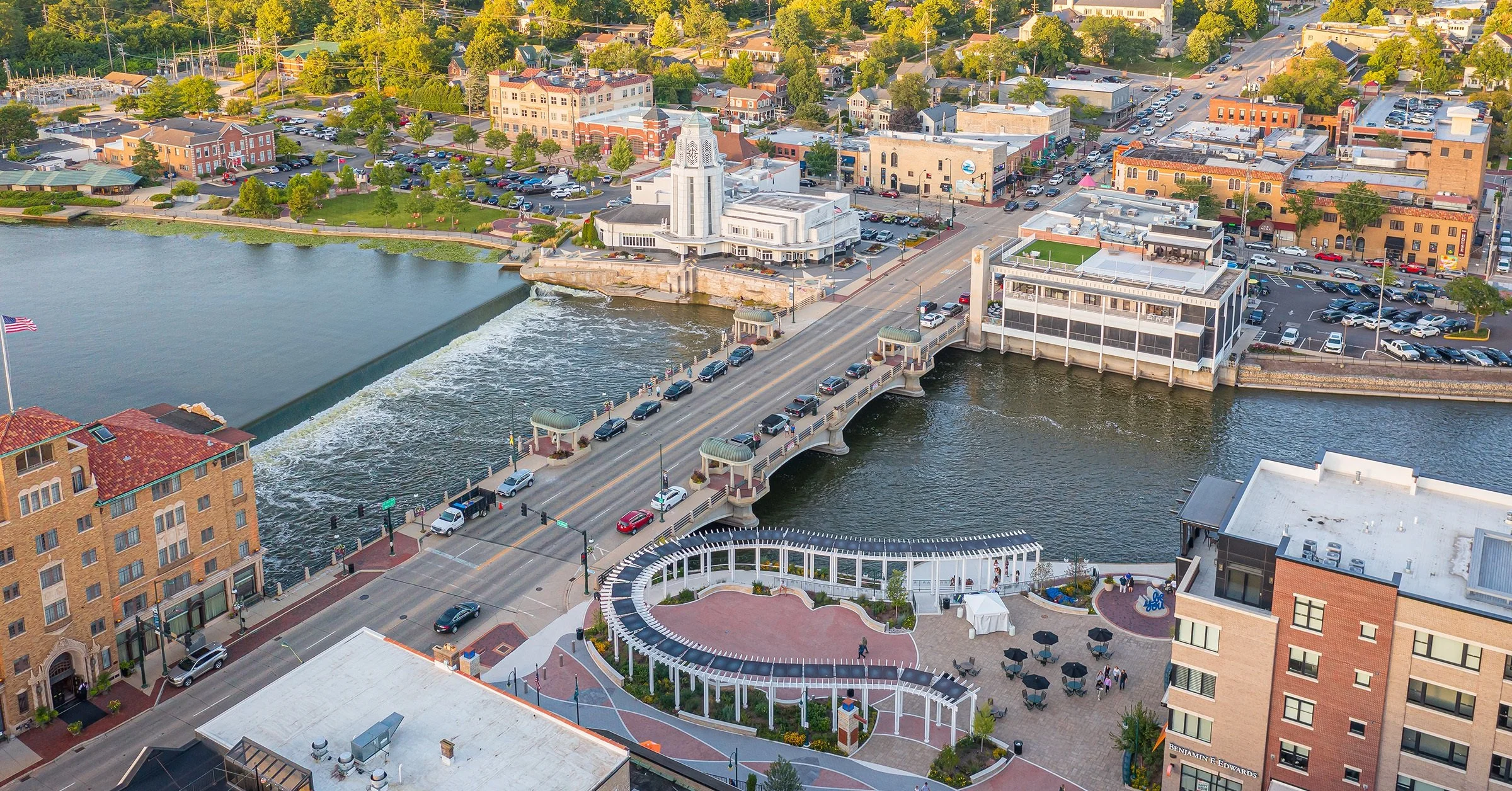Aerial view of St. Charles, Illinois along the Fox River in the Tri-Cities