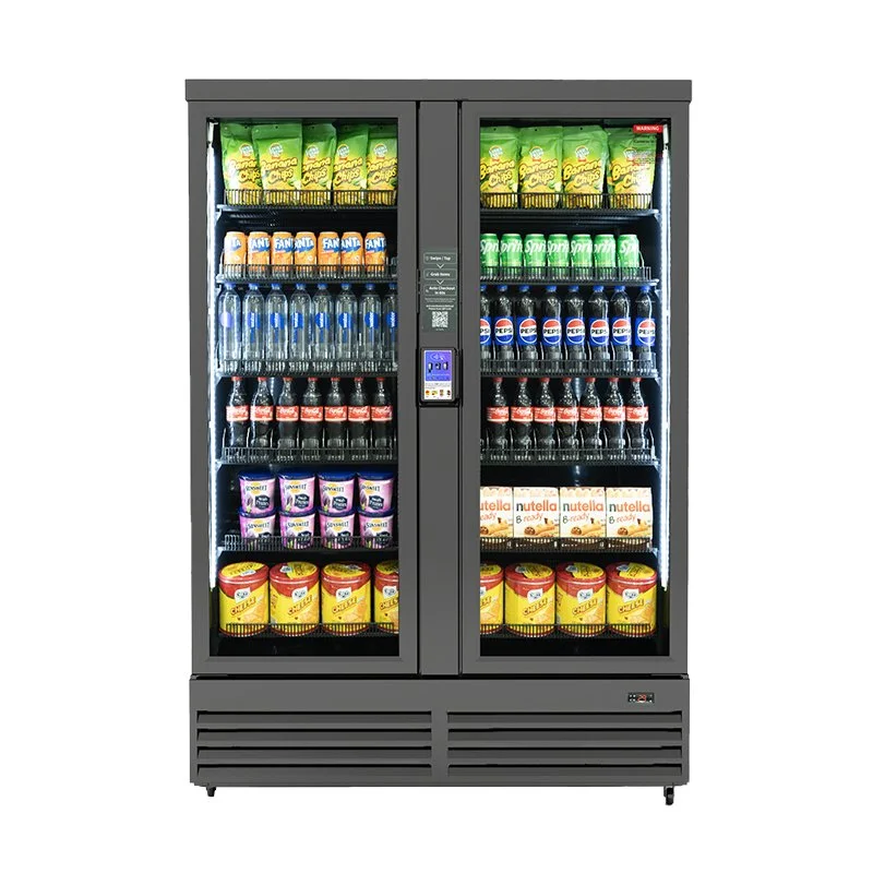 Commercial vending machine stocked with snacks and drinks, including chips, bottled water, soda, Nutella packs, and cookies.