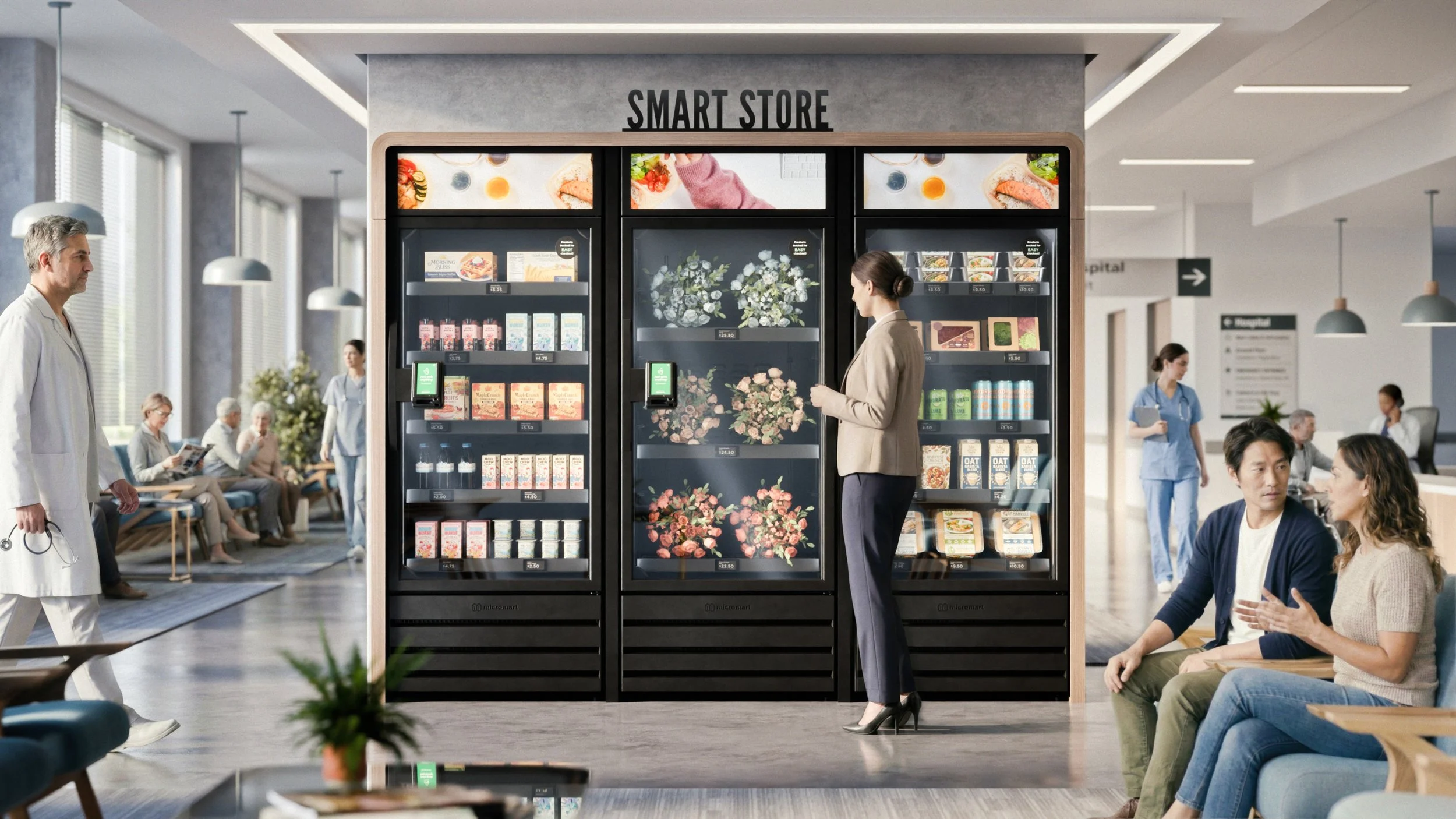 The same medical lobby with a three-unit GrabNGo micro-market installed