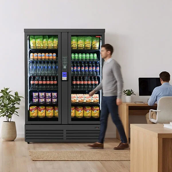 A wide HAHA smart cooler installed in an office