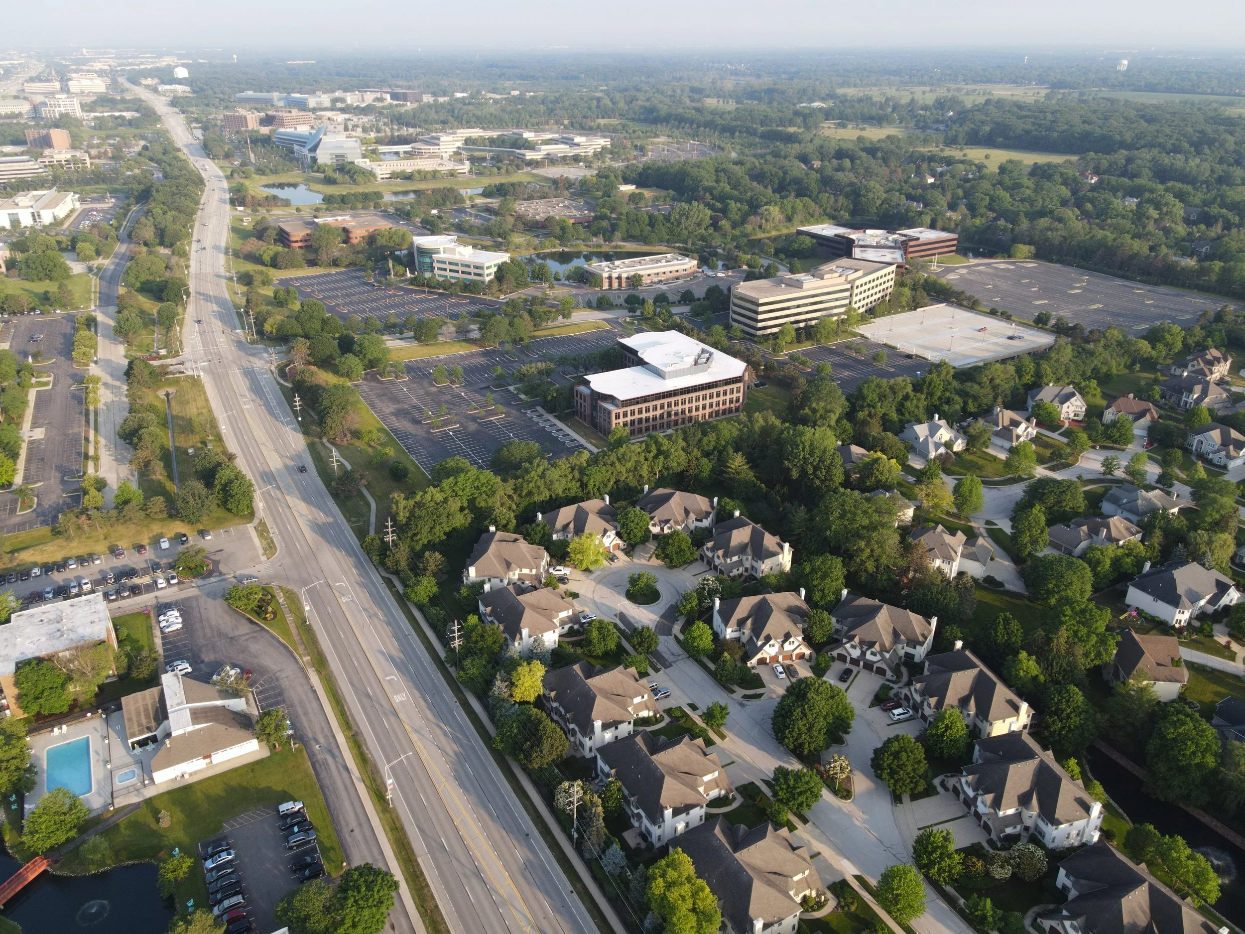 Aerial view of an office park corridor along I-88 in DuPage County, Illinois