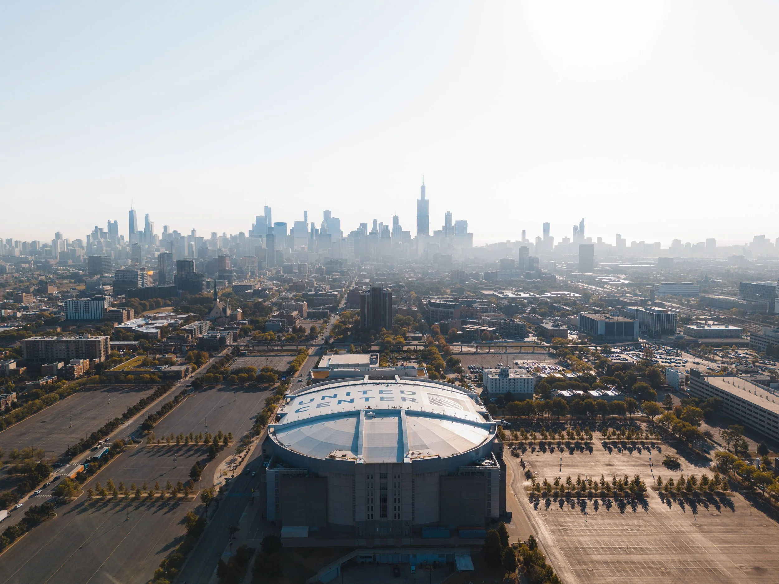 Aerial view of Chicago's Near West Side arena and stadium district