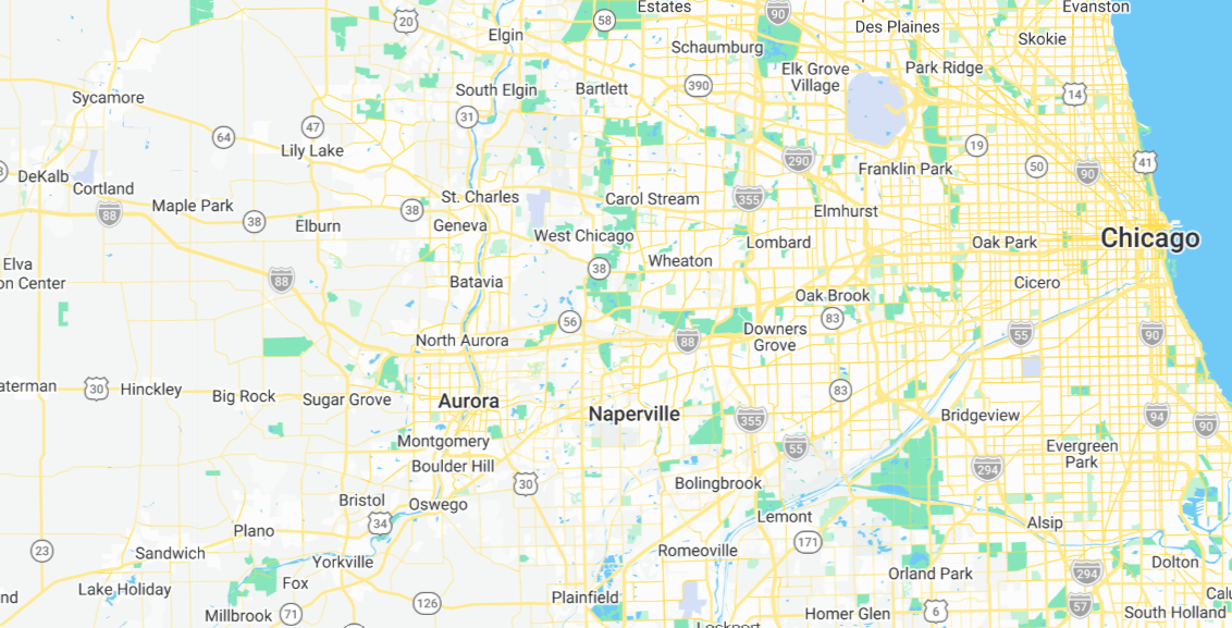 Map of the GrabNGo Markets service area across the western Chicago suburbs
