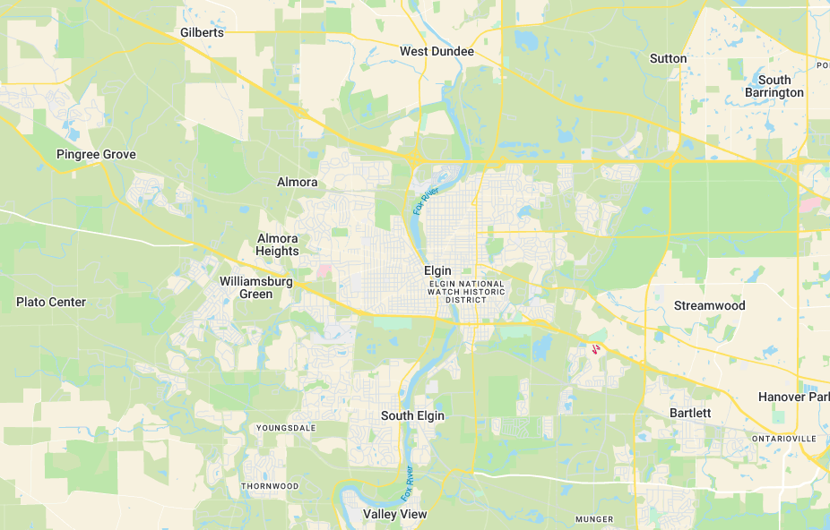 Map showing Elgin, Illinois within GrabNGo's Kane County and Fox Valley service area