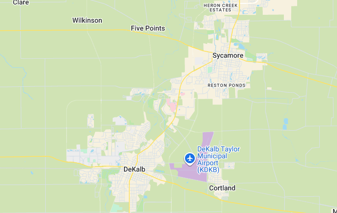 Map of GrabNGo's DeKalb County service area covering DeKalb, Sycamore and surrounding towns