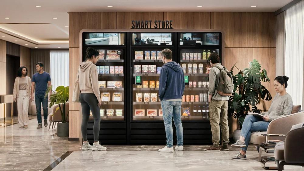 An apartment resident lounge after three GrabNGo smart market coolers are installed