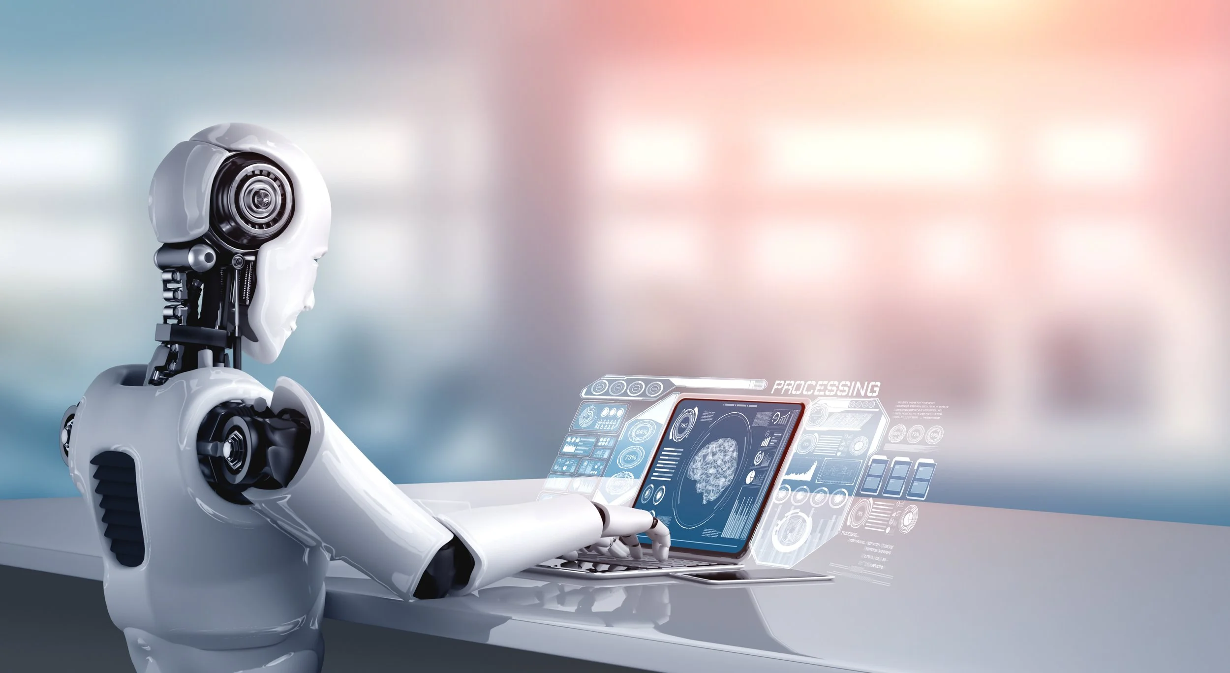 A humanoid robot sits at a desk working on a laptop, displaying digital processing interfaces and a brain diagram on the screen.