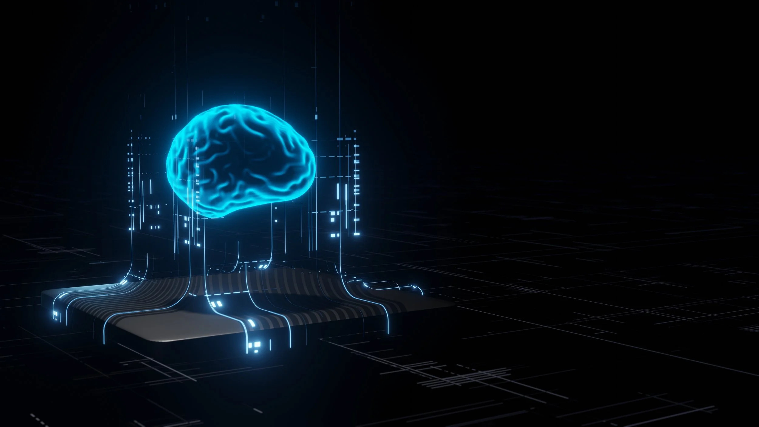 Futuristic glowing blue brain above digital circuit board on dark background.