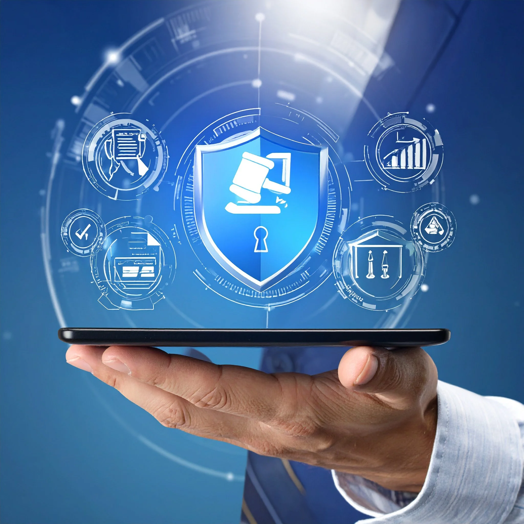 A hand holding a smartphone displaying futuristic digital icons related to security, documents, charts, and data analysis against a blue background with digital interface elements.