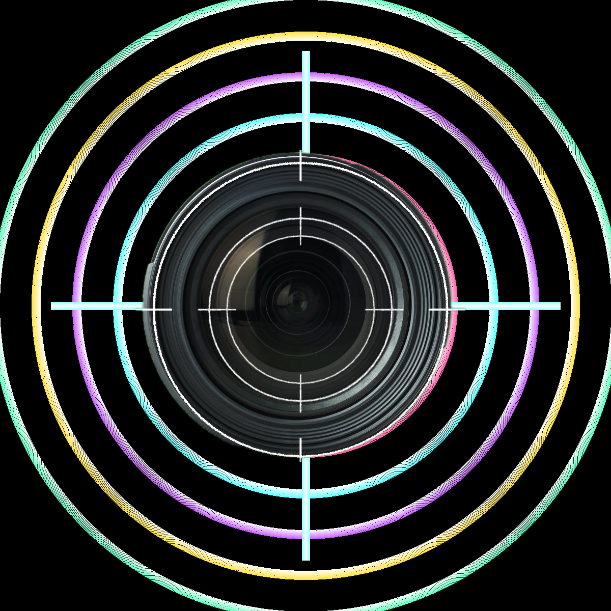 Camera lens with colorful concentric circles and crosshairs