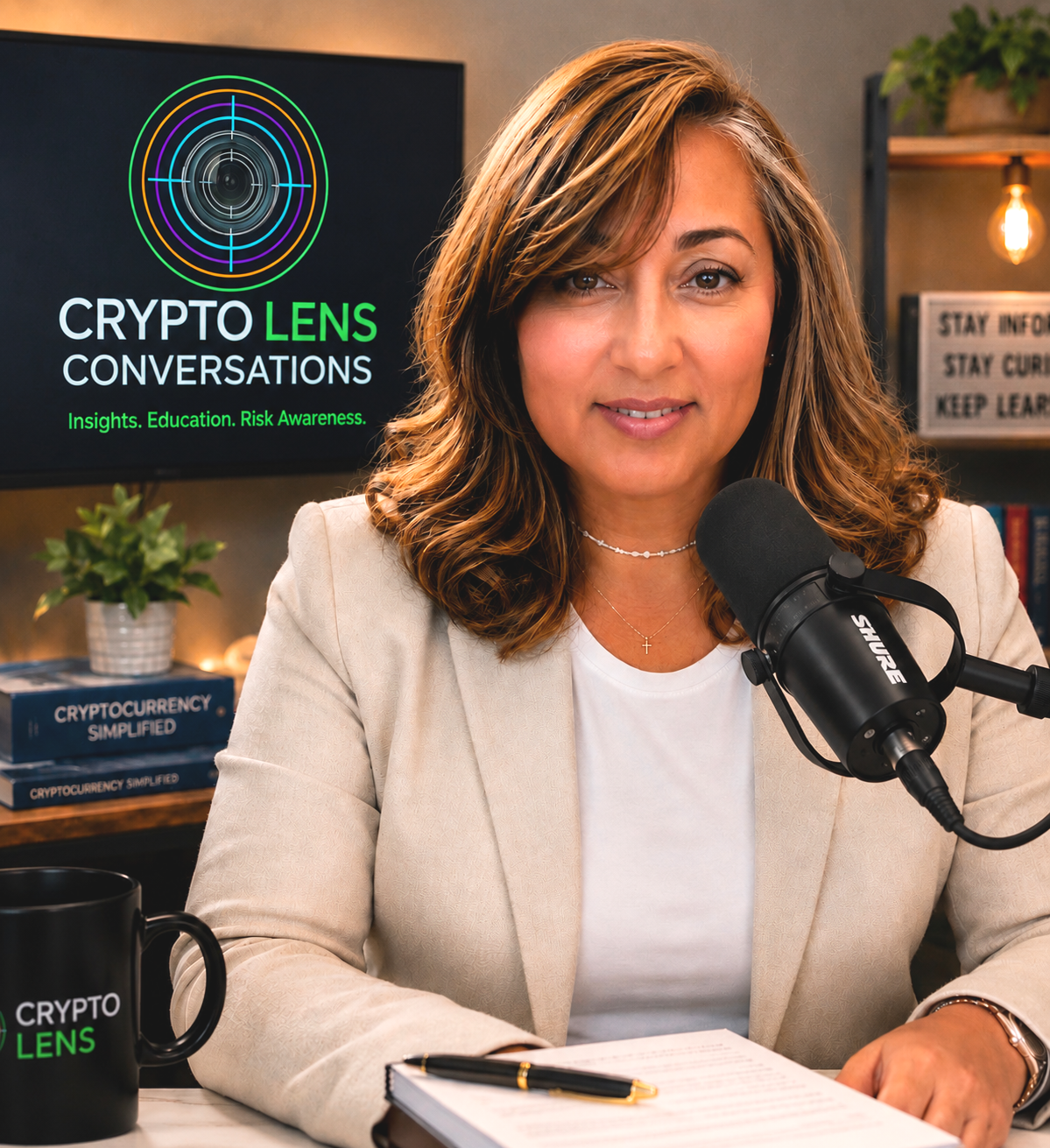 A woman with brown curly hair sits in front of a microphone during a podcast recording. In the background, a screen displays the logo and title "Crypto Lens Conversations" with the tagline "Insights. Education. Risk Awareness." There are books, a plant, and a mug with the same logo on the table, and a shelf with lights and a sign that reads "Stay Informed, Stay Curious, Keep Learning."