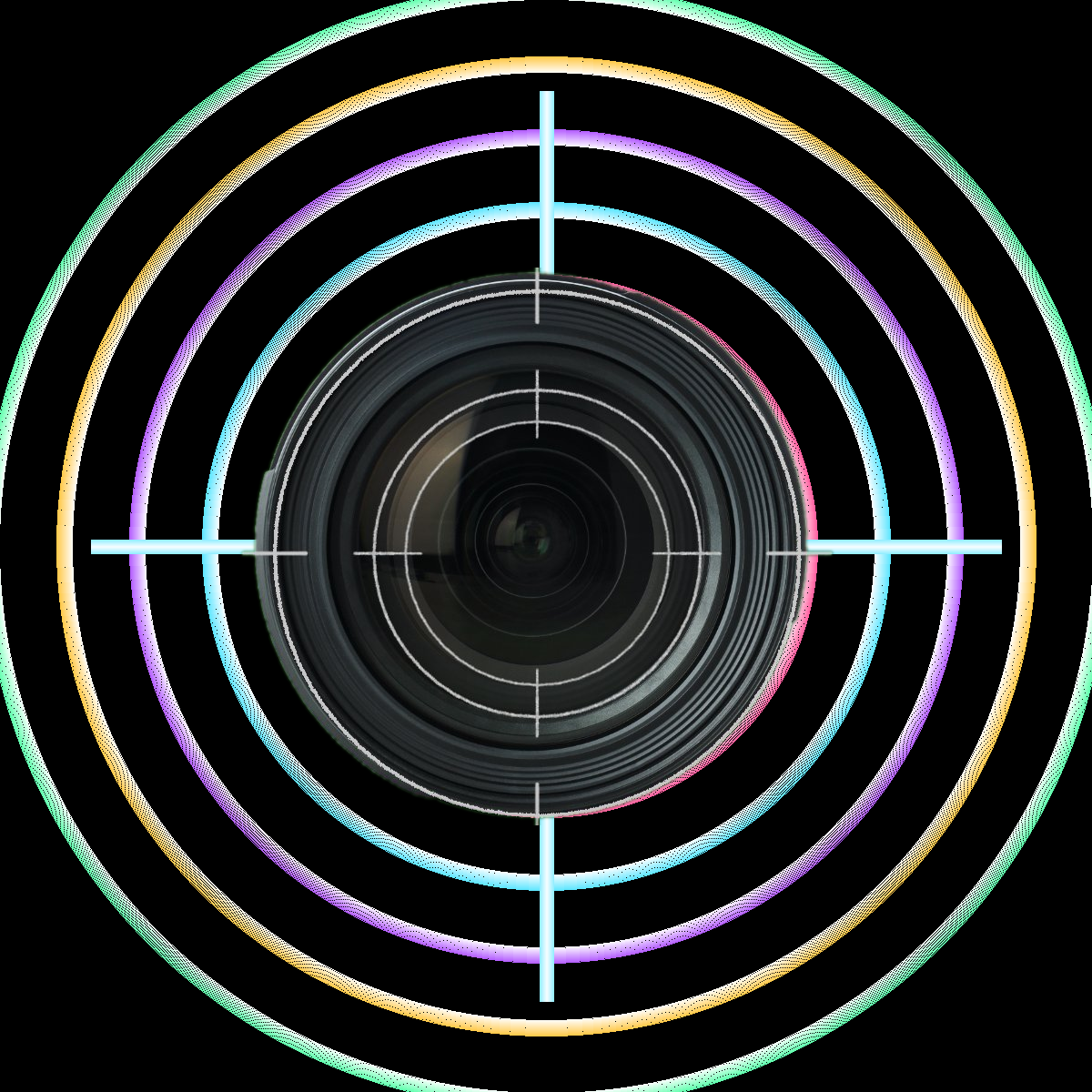 Camera lens shot with colorful target overlay on black background.
