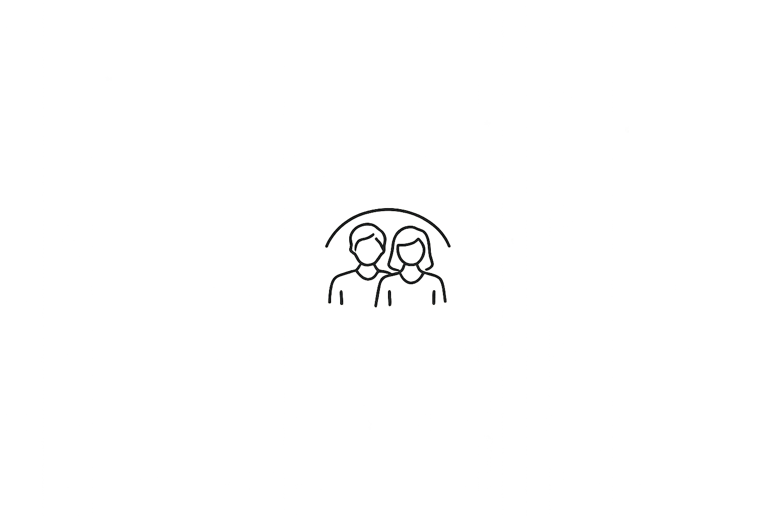 A neon outline of two people: a man and a woman, with a semi-circle above their heads against a black background.