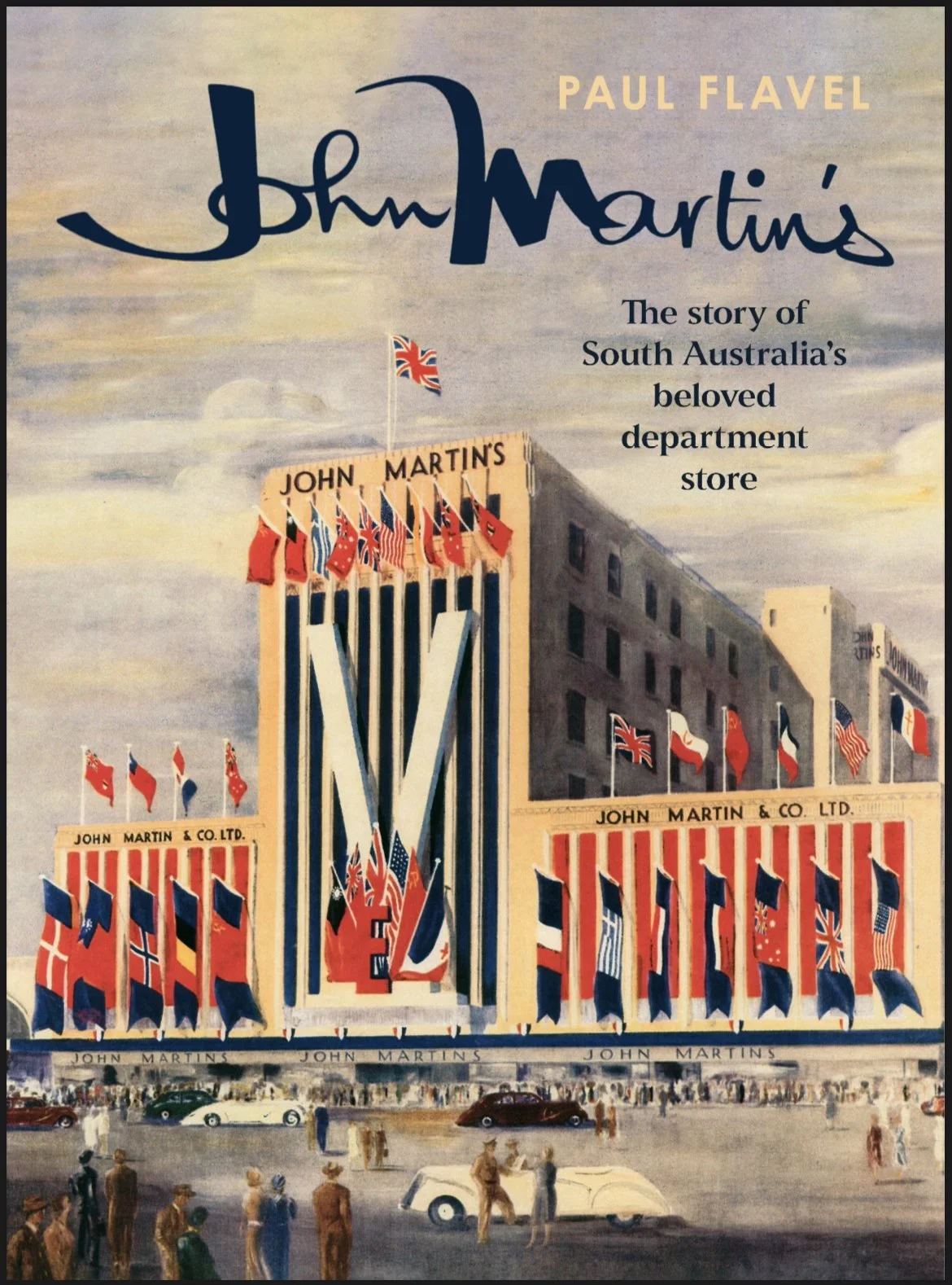 Painting of the John Martin's department store building in South Australia, decorated with flags and banners, with people and vintage cars in front.