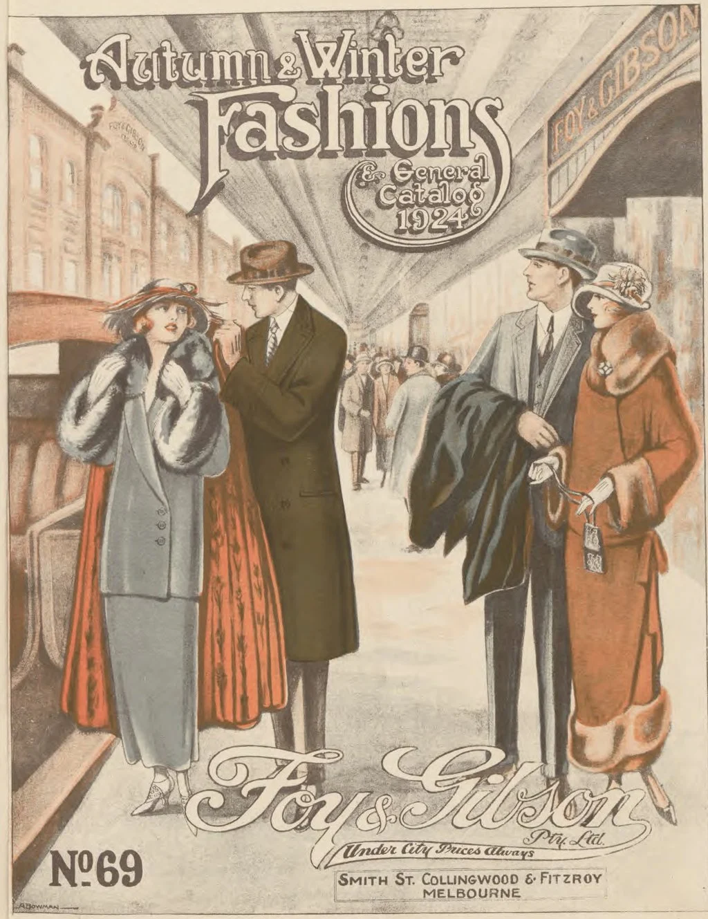 Vintage illustration of people in 1924 autumn and winter fashion on a city street, with a store front and sign for Toy & Gibson.