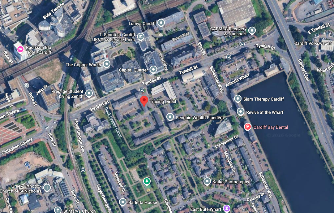 Satellite map of central Cardiff, Wales, displaying streets, buildings, and landmarks including Cardiff Bay, Cardiff International White Water, and Cardiff Bay Dental Clinic.
