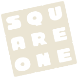 A black and white illustration with the words 'SQUARE ONE' arranged vertically and horizontally in a blocky font.