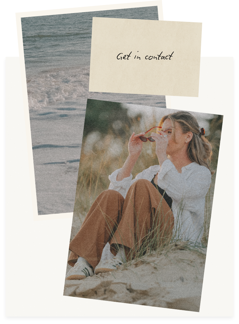 A woman sitting on the beach with grass, holding sunglasses and looking to the side, with a photo and note that says "Get in contact" in the background.