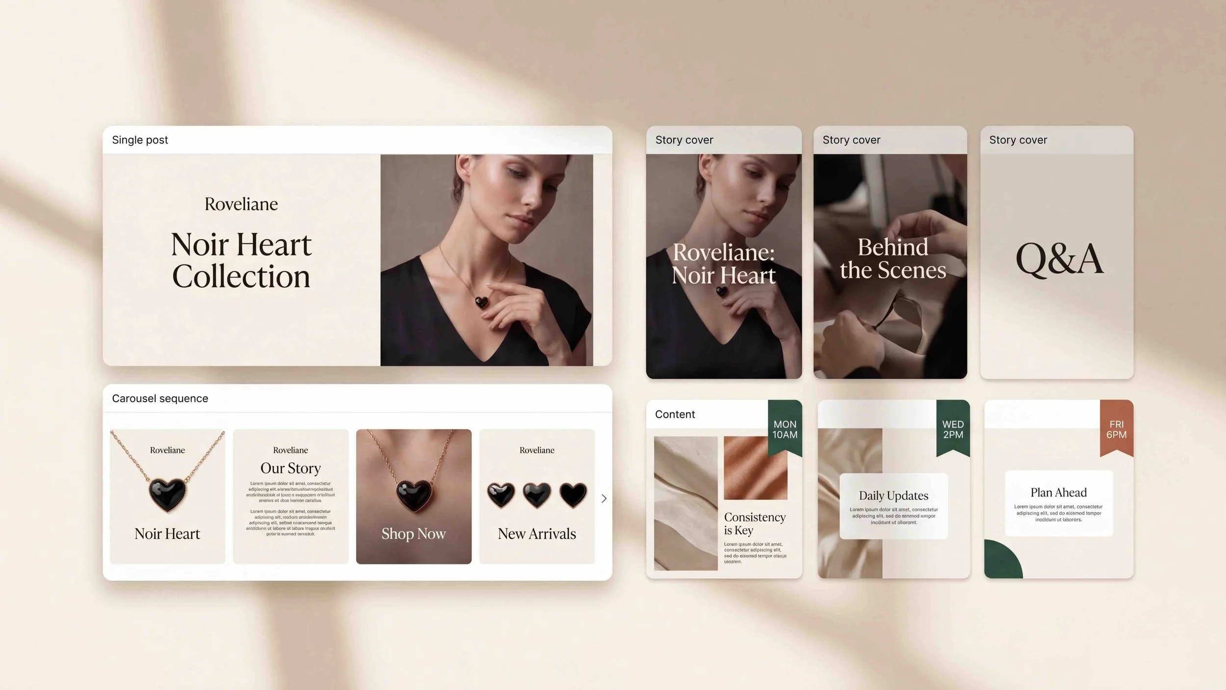 A digital webpage layout showcasing the 'Roveliance Noir Heart Collection' jewelry line, featuring images of a woman wearing a black heart-shaped pendant necklace, alongside various product and promotional sections about jewelry, new arrivals, and updates.