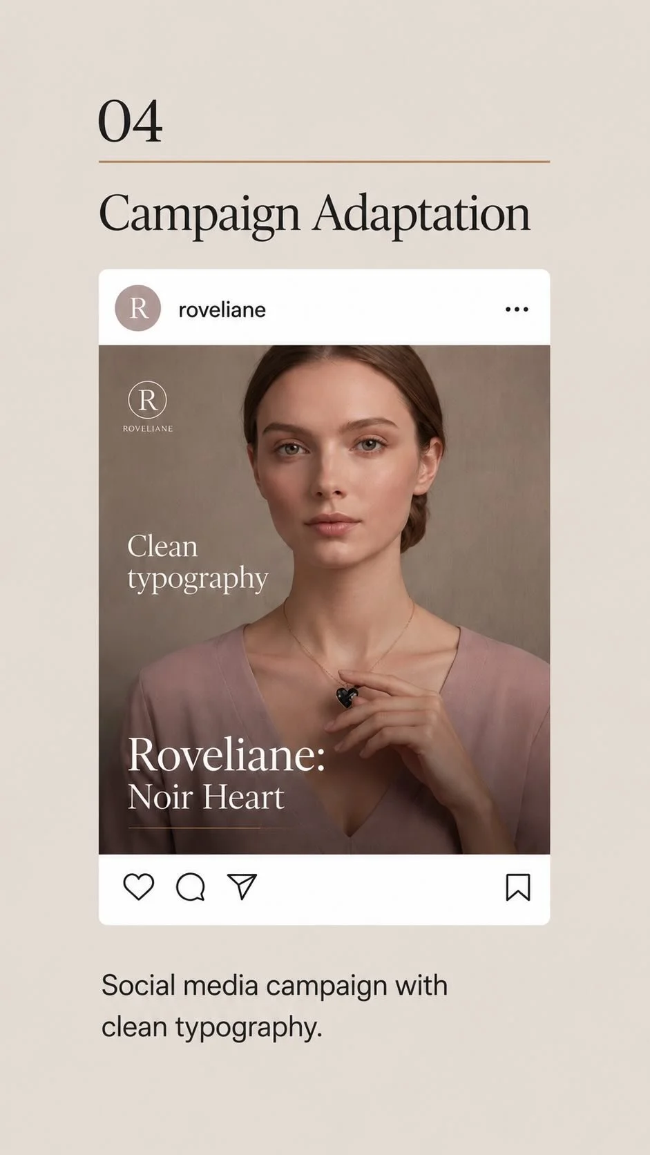 Roveliane Noir Heart social media campaign adaptation featuring a model wearing the black heart pendant with clean typography.