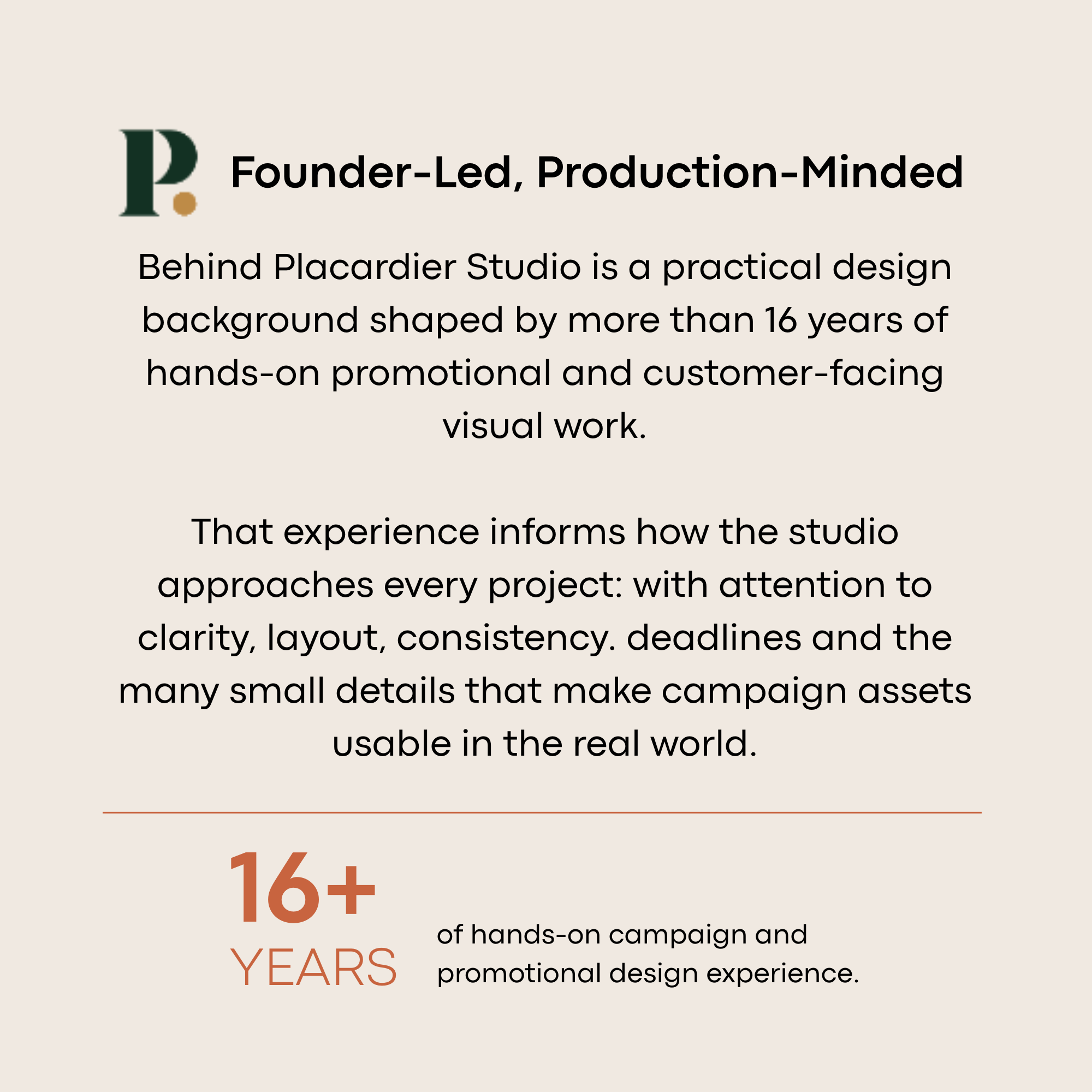 Text on a beige background describing a design studio's background and approach, with emphasis on 16+ years and 16+ years of experience.
