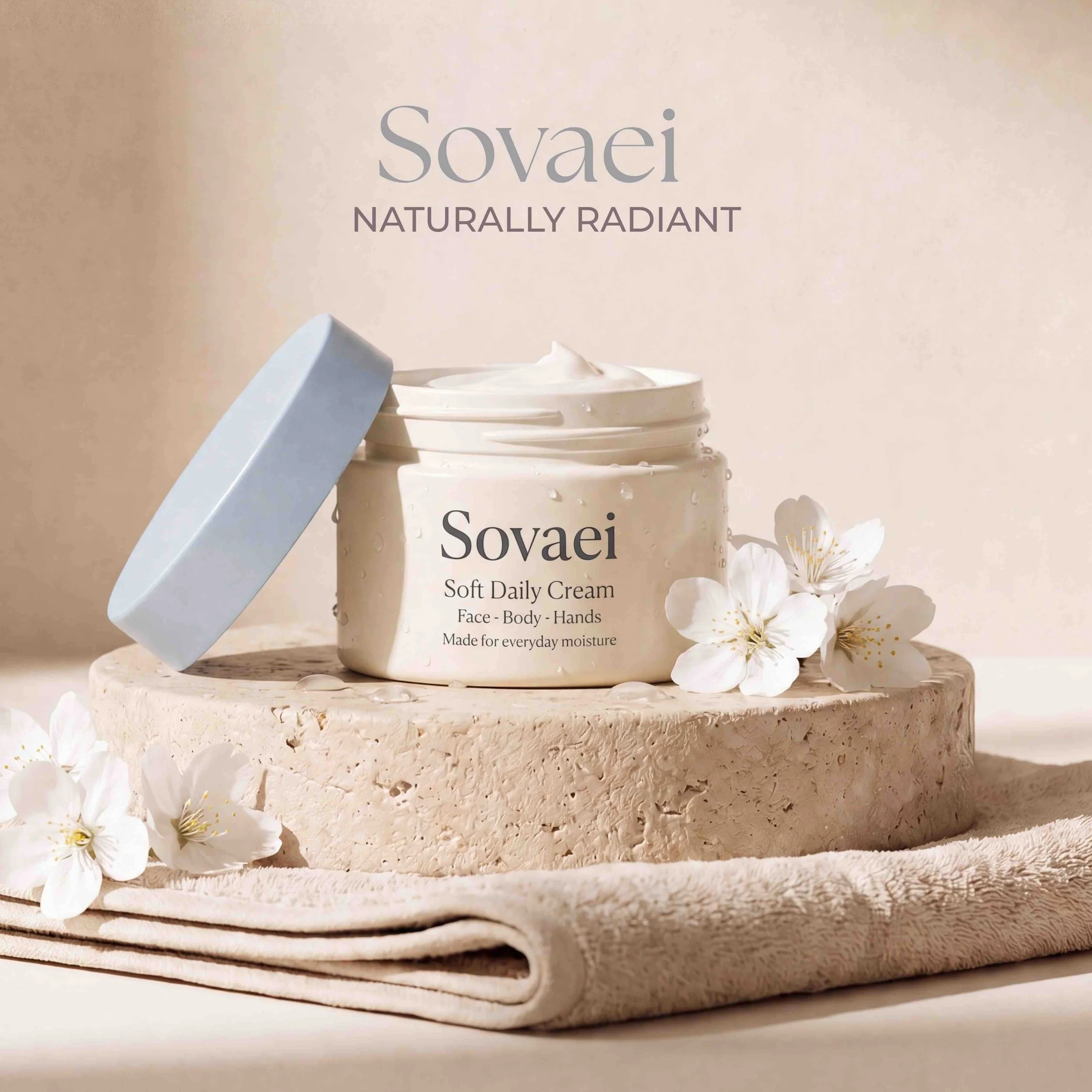 Sovaei skincare campaign featuring an open jar of Soft Daily Cream surrounded by white flowers.