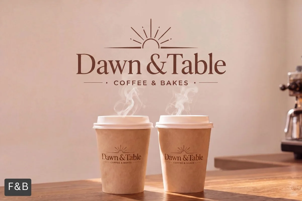 Dawn & Table morning coffee promotion featuring two steaming takeaway cups in a warm café setting.
