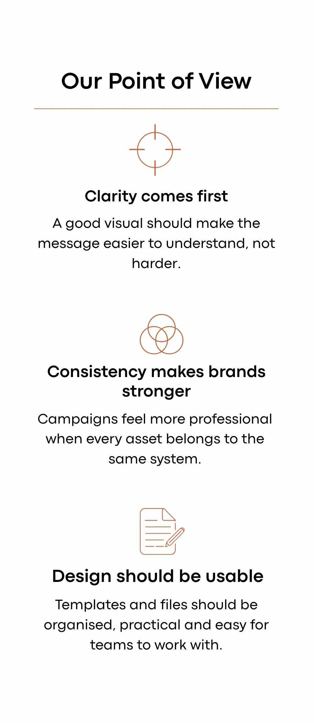 Infographic with business principles: Our Point of View, Clarity comes first with crosshair icon, Consistency makes brands stronger with Venn diagram icon, Design should be usable with document icon.