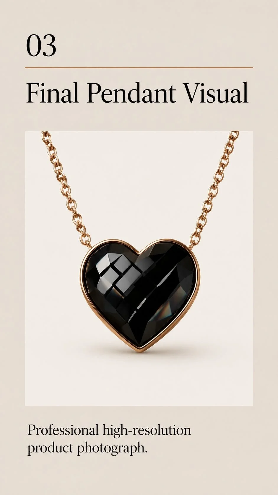 Final Roveliane Noir Heart pendant visual featuring a faceted black heart stone in a gold setting and chain.