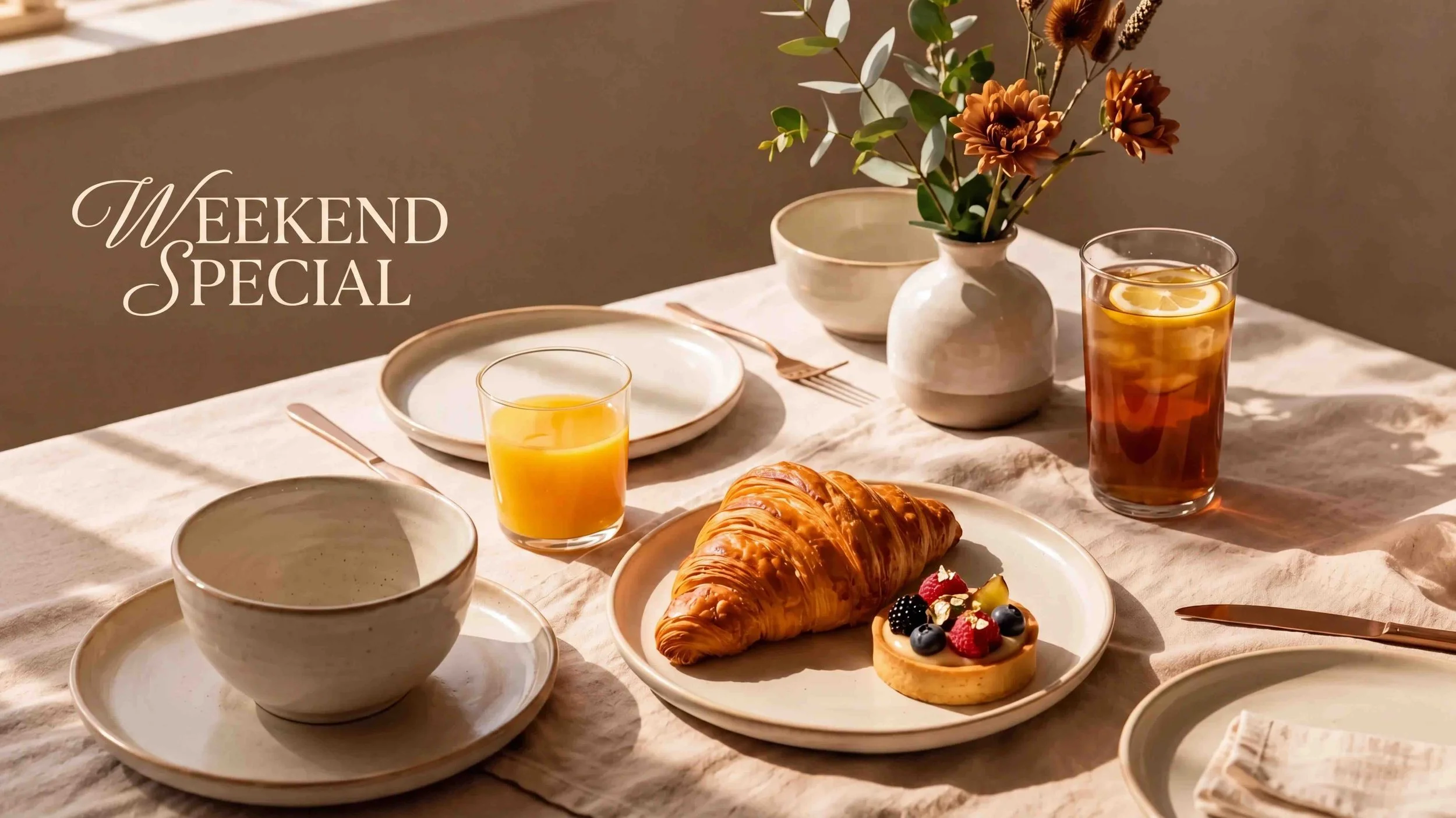 A breakfast table with a croissant, fresh berries, a glass of orange juice, a glass of iced tea with lemon, white plates, bowls, cutlery, and a vase of flowers, set on a beige tablecloth with sunlight streaming in.