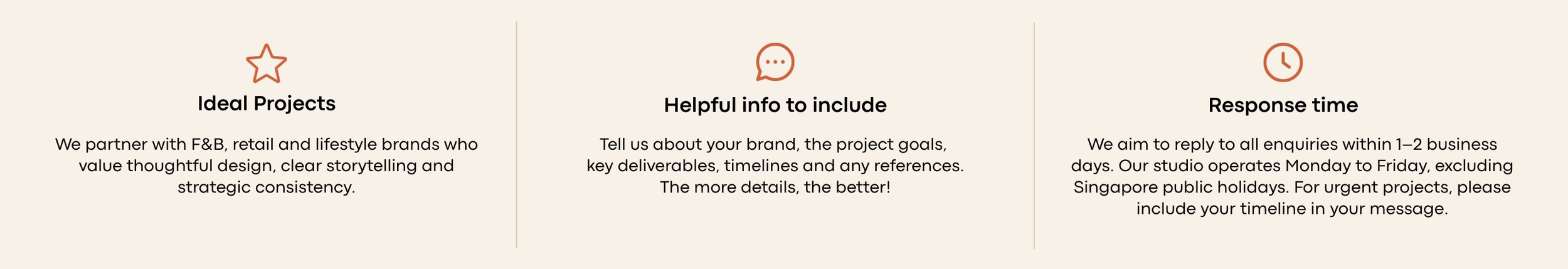 Placardier Studio contact information highlighting ideal projects, what to include in an enquiry, and response time.