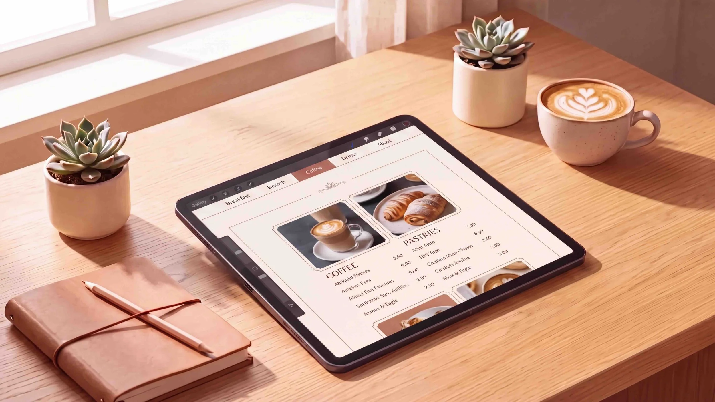 A wooden table with two small potted succulent plants, a cup of coffee with latte art, a closed pink notebook with a pen on top, and a tablet displaying a coffee menu with images of coffee and pastries.