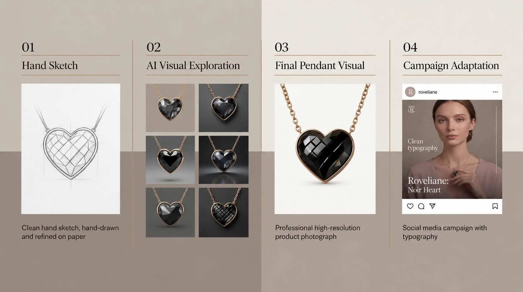 Roveliane Noir Heart Collection process showing a hand-drawn pendant sketch, AI visual exploration, the final black heart necklace, and its social media campaign adaptation.