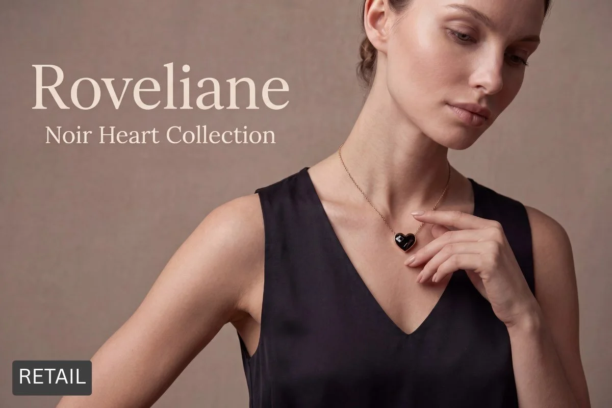 Roveliane Noir Heart Collection jewellery campaign featuring a model wearing a black heart pendant.