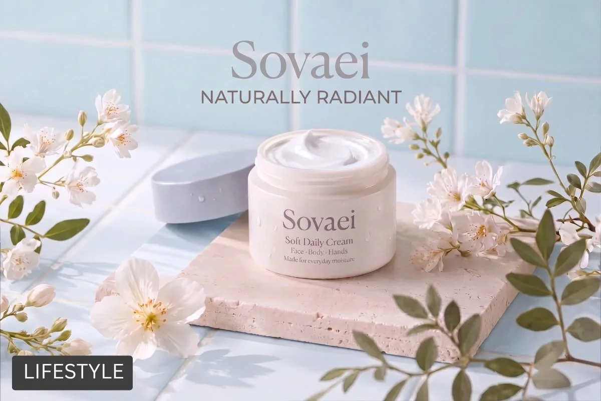 Open jar of Sovaei soft daily cream with white and pink flowers surrounding it, on a light blue background.