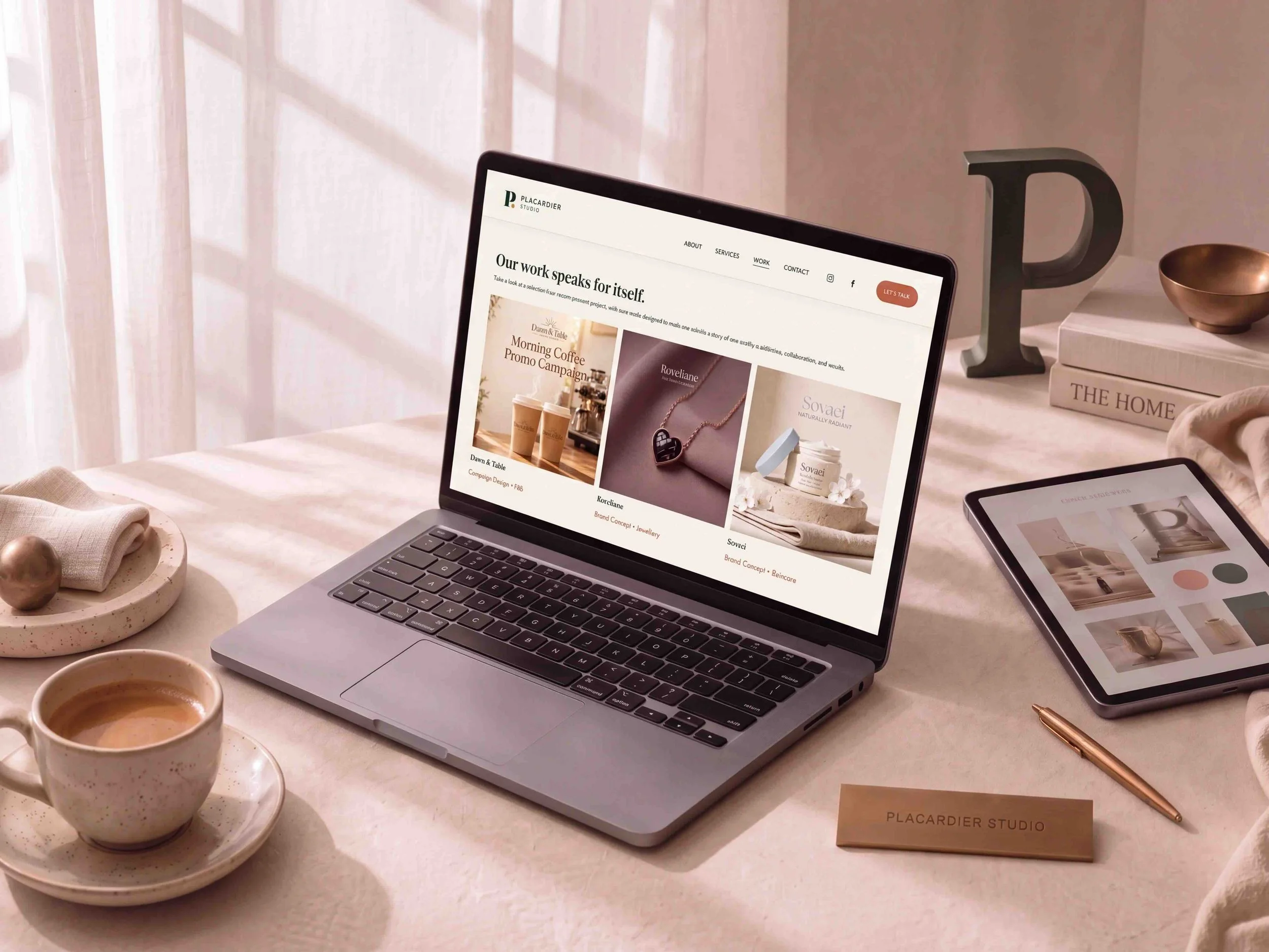 Placardier Studio workspace displaying campaign visuals and brand template examples on a laptop and tablet.