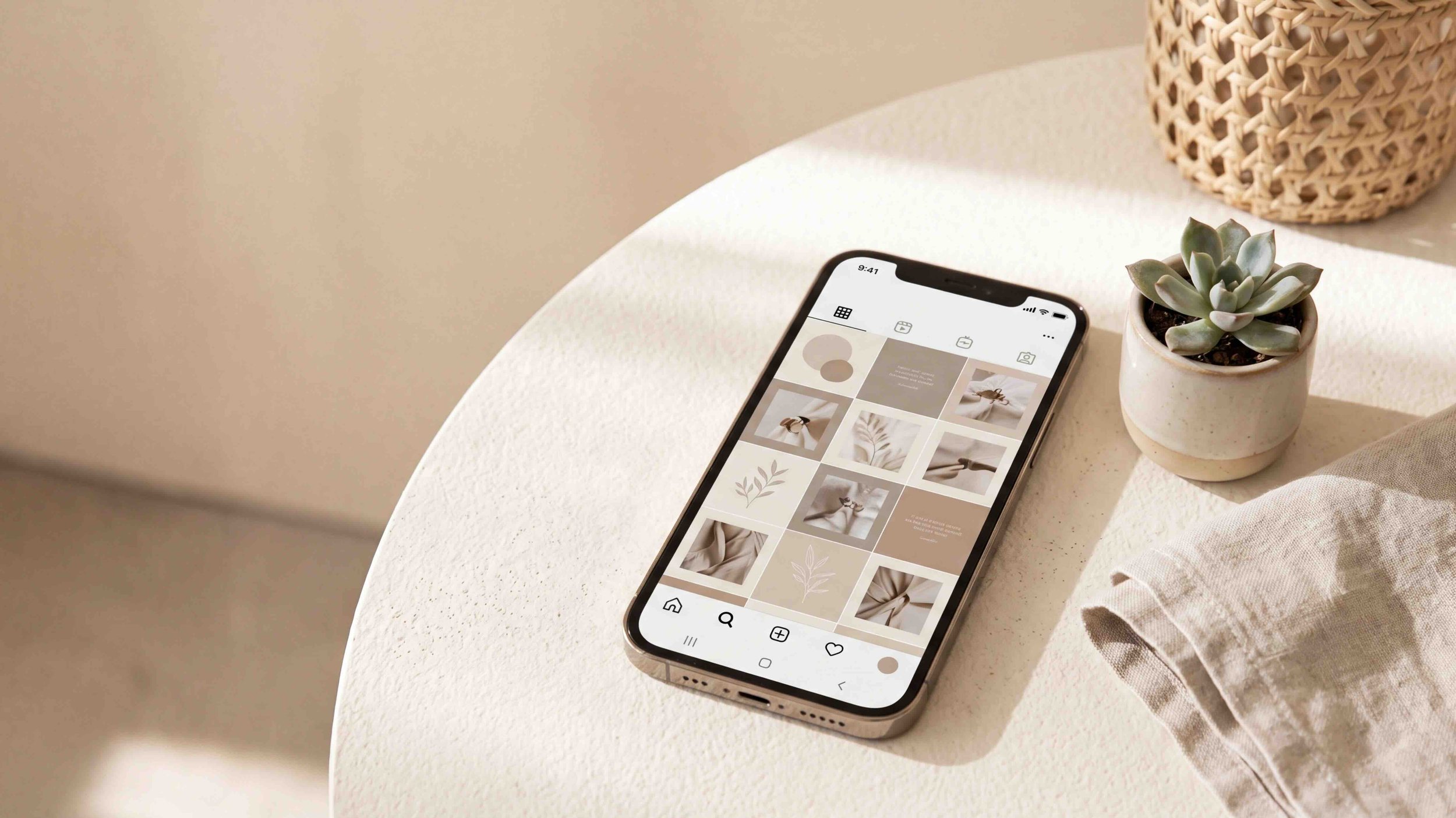 Smartphone displaying Sovaei social media content beside a plant and woven basket in a neutral setting.