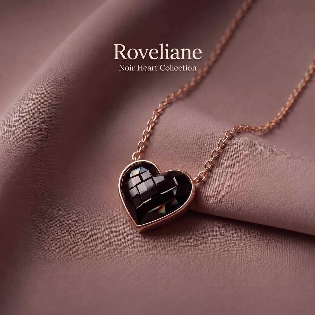 Roveliane Noir Heart Collection necklace featuring a black heart pendant on soft rose-coloured fabric.