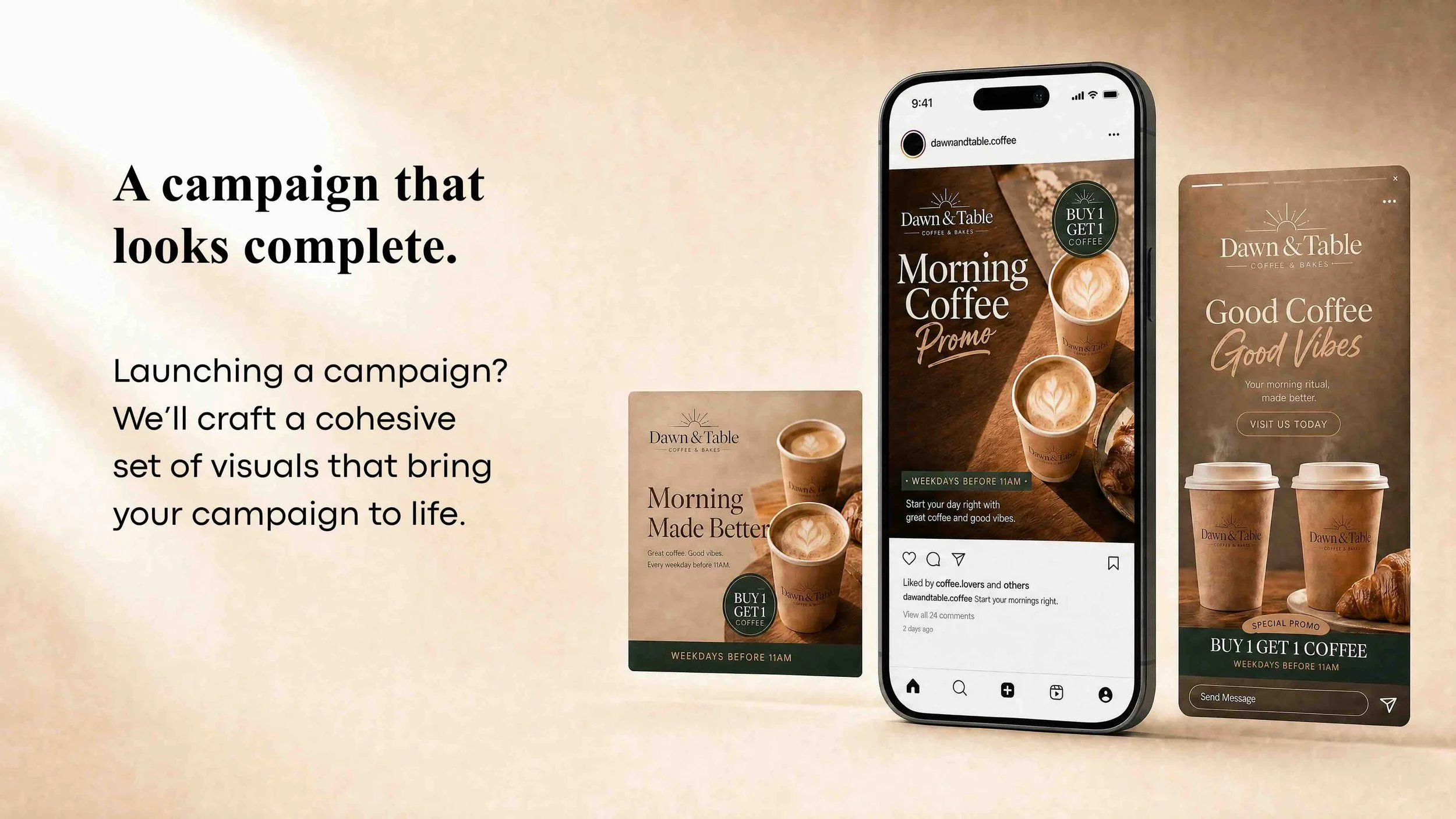 Marketing image for Dawn & Table Coffee & Bakes featuring a smartphone displaying a coffee promo, with cups of coffee and baked goods around it, and promotional text highlighting discounts and branding.