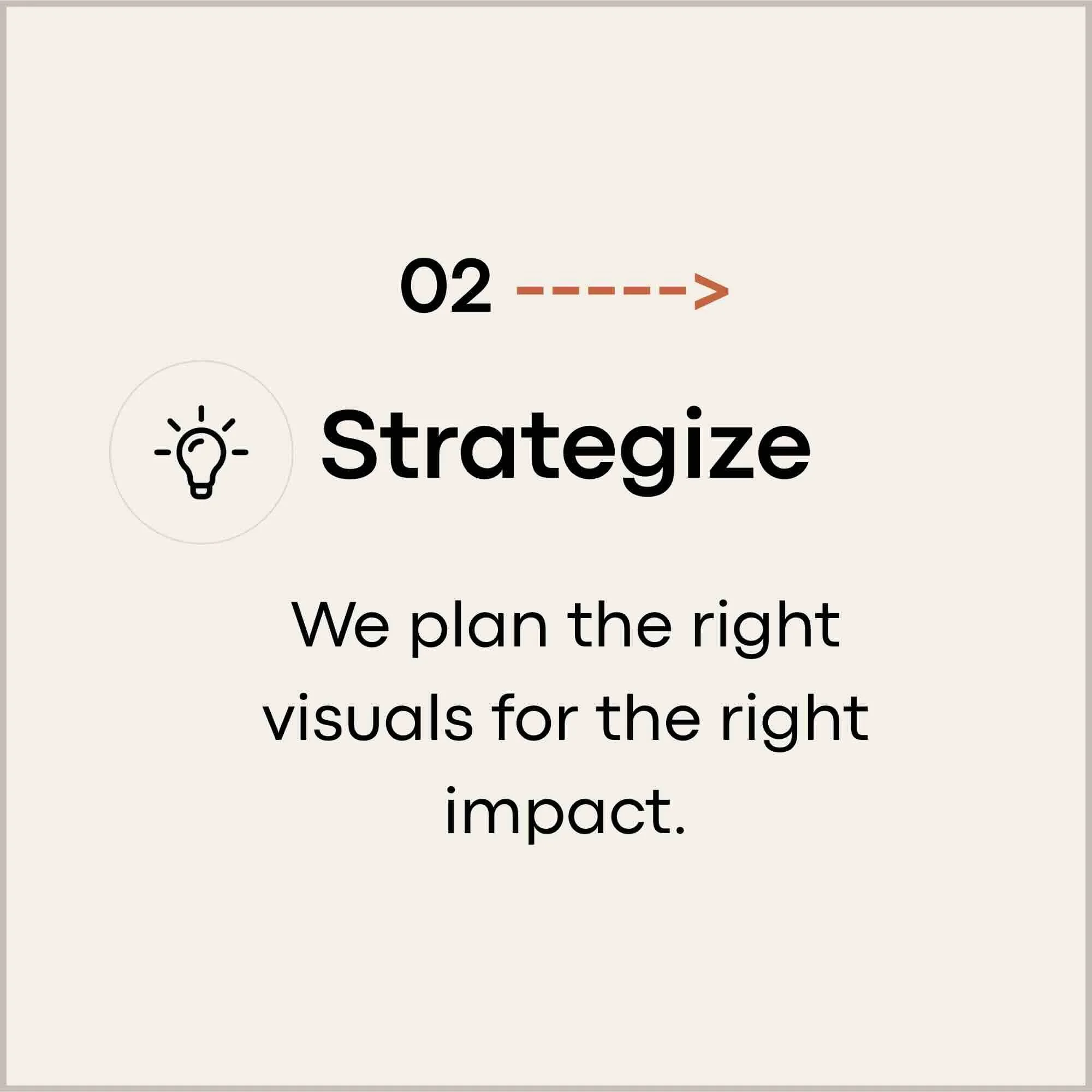 Text on a beige background reads: "02" followed by an arrow pointing to the right, and below that, the word "Strategize" with a light bulb icon.